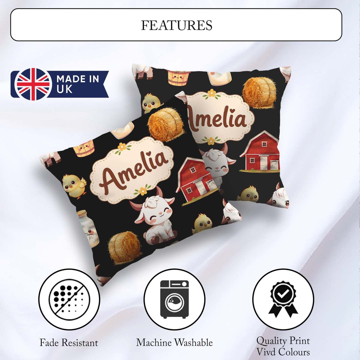 Custom Name Baby Goat Barn Hay Milk Chick Black Seamless Pattern Square Filled Cushion Throw Pillow Sofa Bed Home Decor Zip Washable UK Made