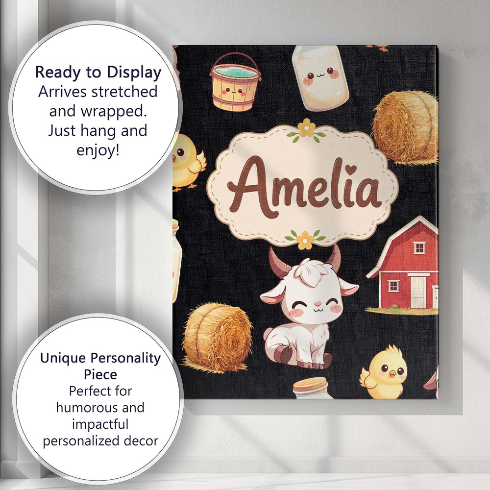 Personalised Name Cute Baby Goat Barn Hay Custom  Unique Gift Idea Elegant Feature Canvas Wall Art Print Decor Picture Ready to Hang