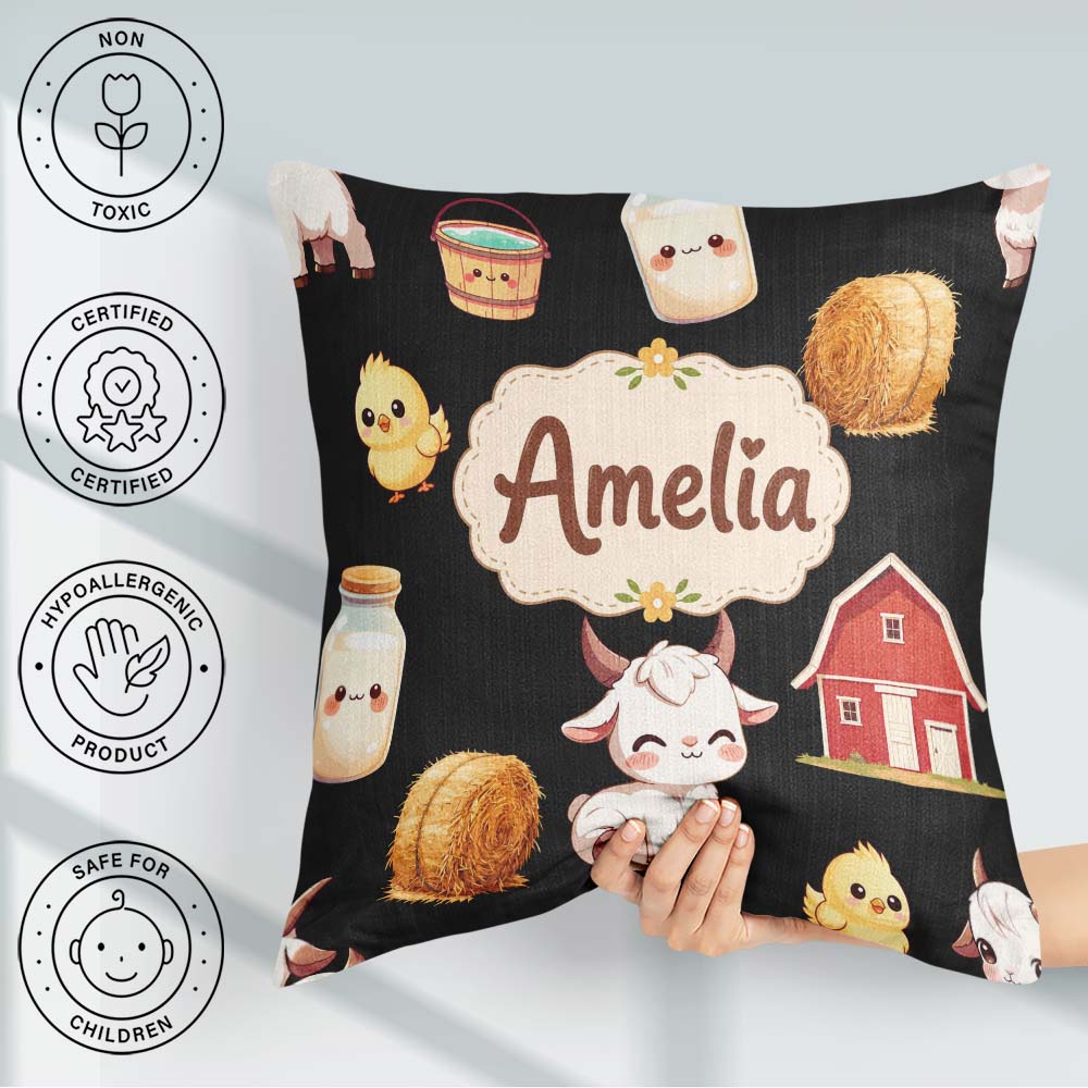 Custom Name Baby Goat Barn Hay Milk Chick Black Seamless Pattern Square Filled Cushion Throw Pillow Sofa Bed Home Decor Zip Washable UK Made