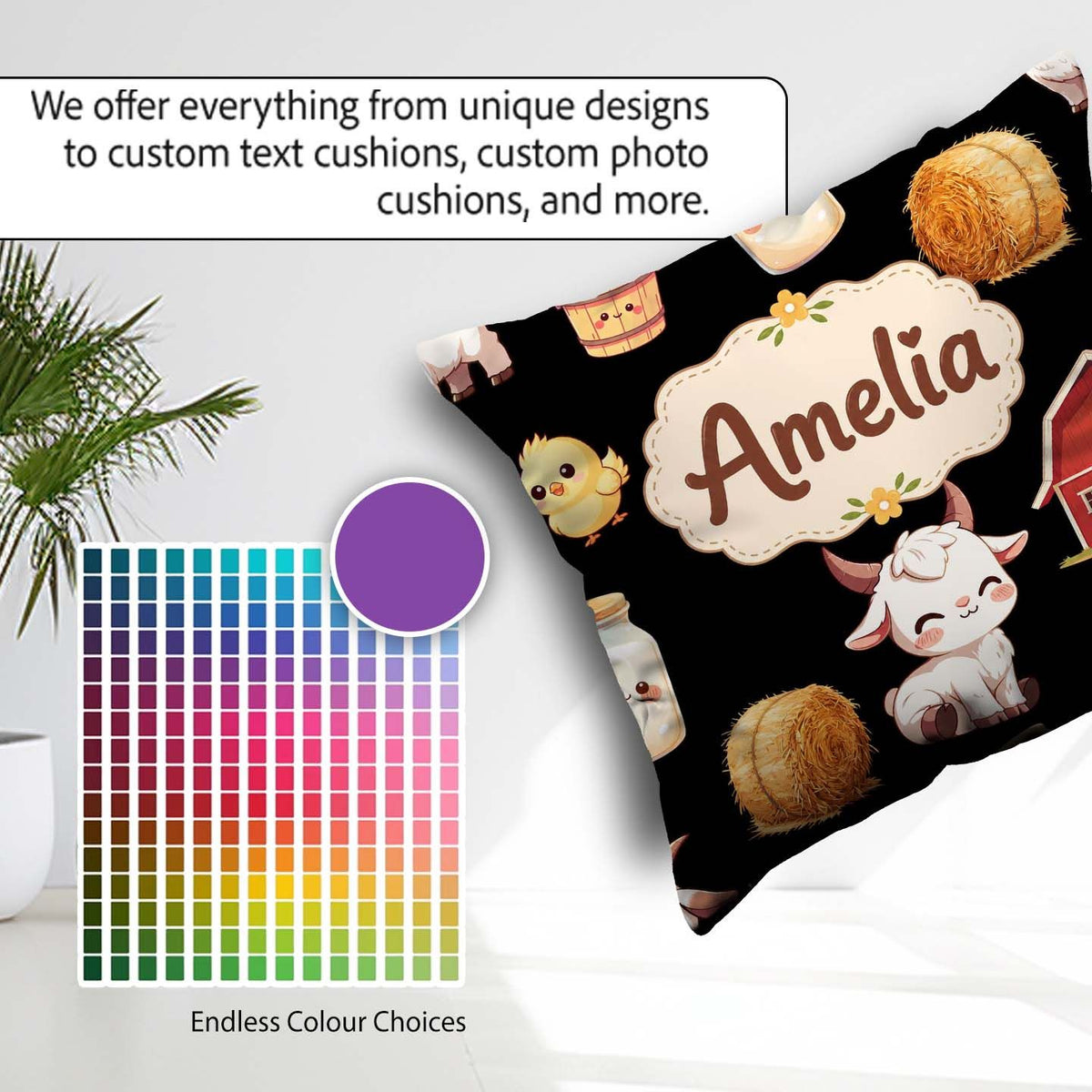 Custom Name Baby Goat Barn Hay Milk Chick Black Seamless Pattern Square Filled Cushion Throw Pillow Sofa Bed Home Decor Zip Washable UK Made