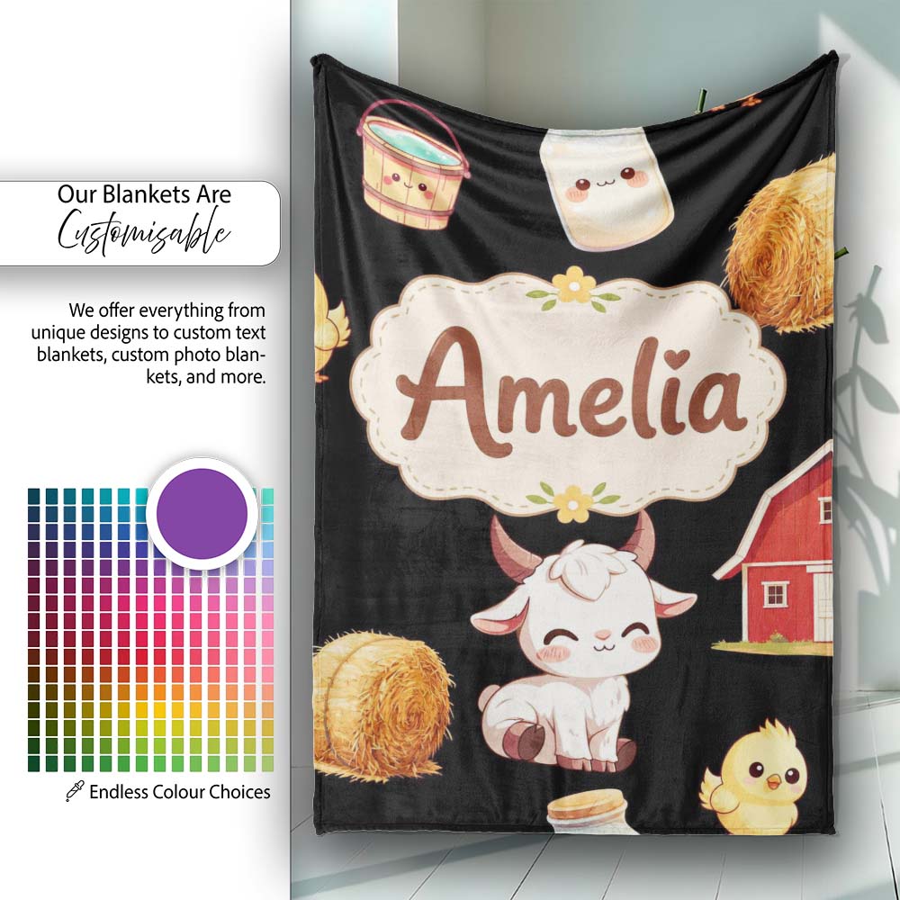 Cute Baby Goat Barn Hay Milk Chick Farm Black Seamless Pattern  Personalised Custom Name Super Soft Fleece Blanket Bed Sofa Throw