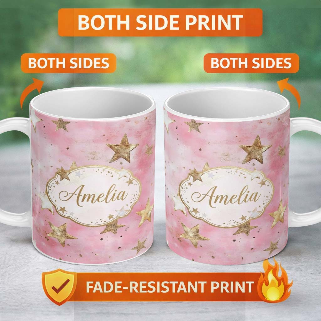 Personalized Custom Name Elegant Gold Star Pink Watercolor Background Seamless Pattern Lovely 11oz Ceramic Coffee Tea Mug White Large Handle