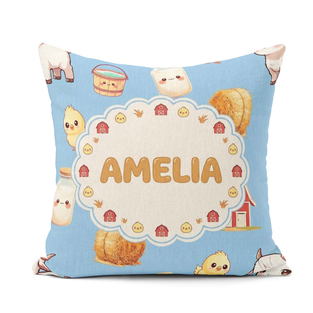 Custom Name Baby Goat Barn Hay Milk Chick Farm Blue Pattern Name Square Filled Cushion Throw Pillow Sofa Bed Home Decor Zip Washable UK Made