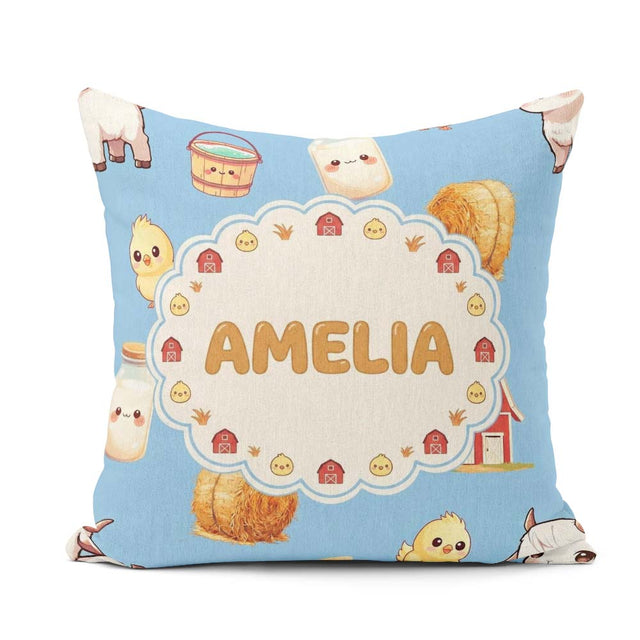 Custom Name Baby Goat Barn Hay Milk Chick Farm Blue Pattern Name Square Filled Cushion Throw Pillow Sofa Bed Home Decor Zip Washable UK Made