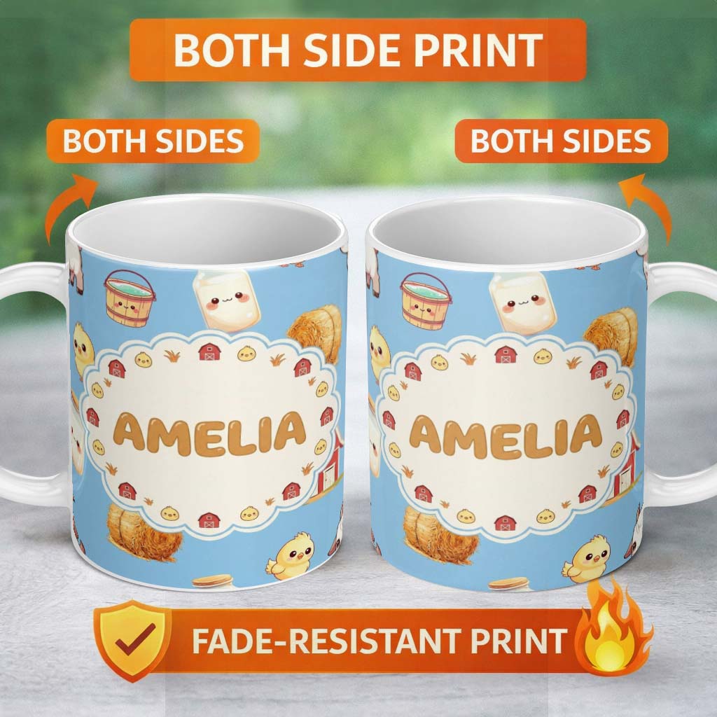 Personalized Custom Name Cute Baby Goat Barn Hay Milk Chick Farm Blue Seamless Pattern Name 11oz Ceramic Coffee Tea Mug White Large Handle