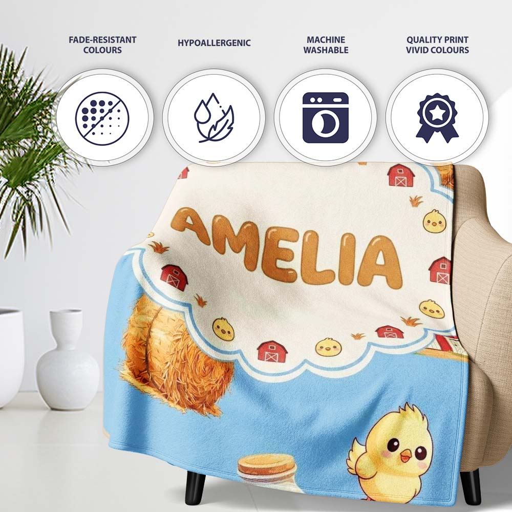 Cute Baby Goat Barn Hay Milk Chick Farm Blue Seamless Pattern Name  Personalised Custom Name Super Soft Fleece Blanket Bed Sofa Throw