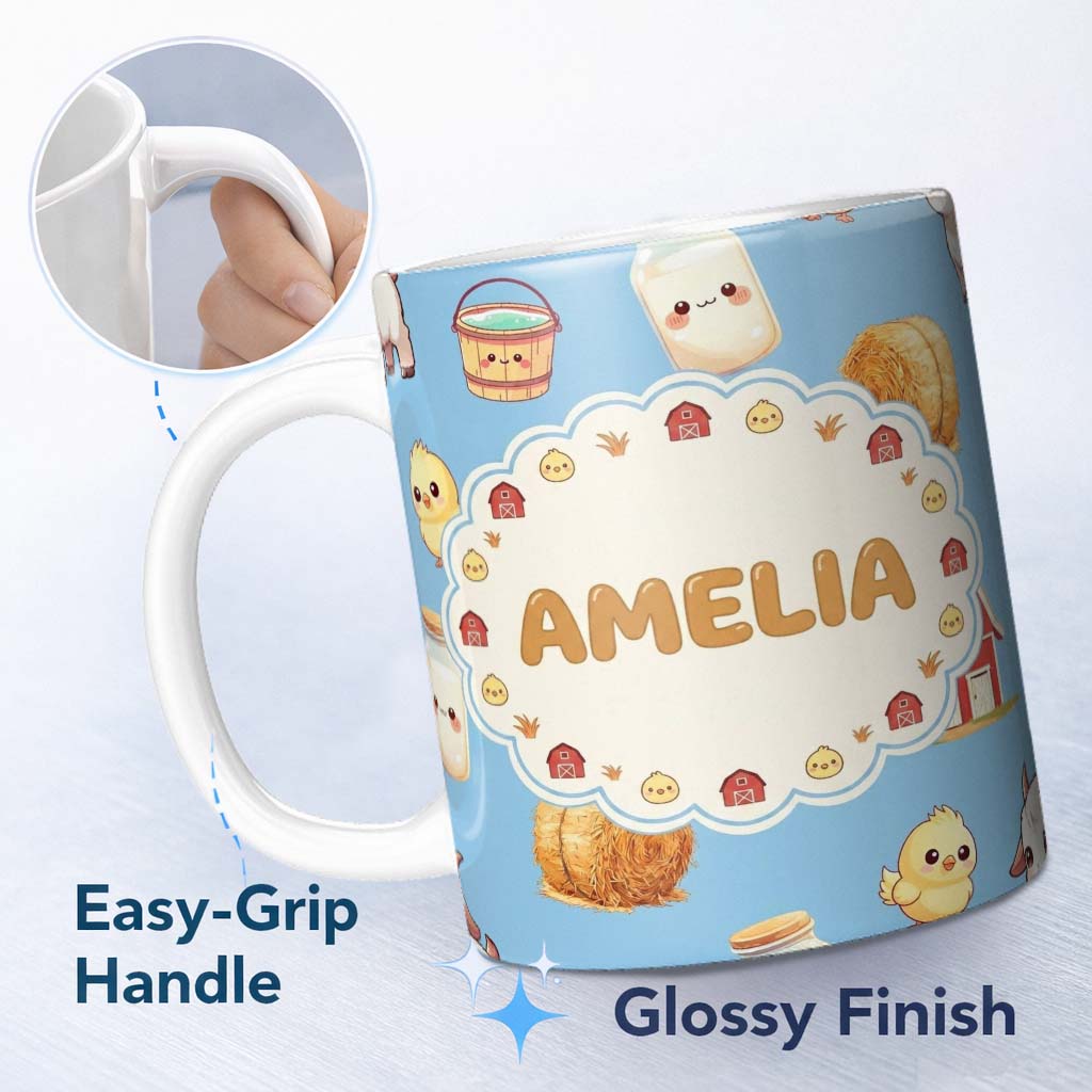 Personalized Custom Name Cute Baby Goat Barn Hay Milk Chick Farm Blue Seamless Pattern Name 11oz Ceramic Coffee Tea Mug White Large Handle
