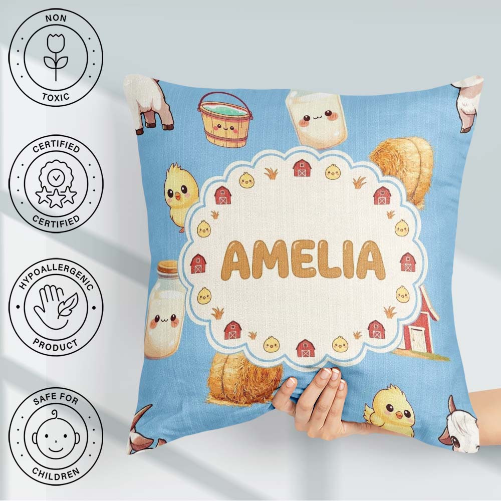 Custom Name Baby Goat Barn Hay Milk Chick Farm Blue Pattern Name Square Filled Cushion Throw Pillow Sofa Bed Home Decor Zip Washable UK Made