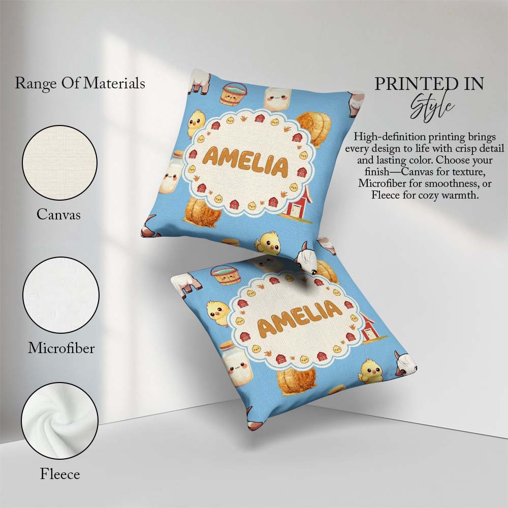 Custom Name Baby Goat Barn Hay Milk Chick Farm Blue Pattern Name Square Filled Cushion Throw Pillow Sofa Bed Home Decor Zip Washable UK Made