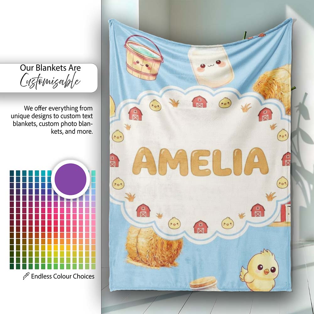 Cute Baby Goat Barn Hay Milk Chick Farm Blue Seamless Pattern Name  Personalised Custom Name Super Soft Fleece Blanket Bed Sofa Throw