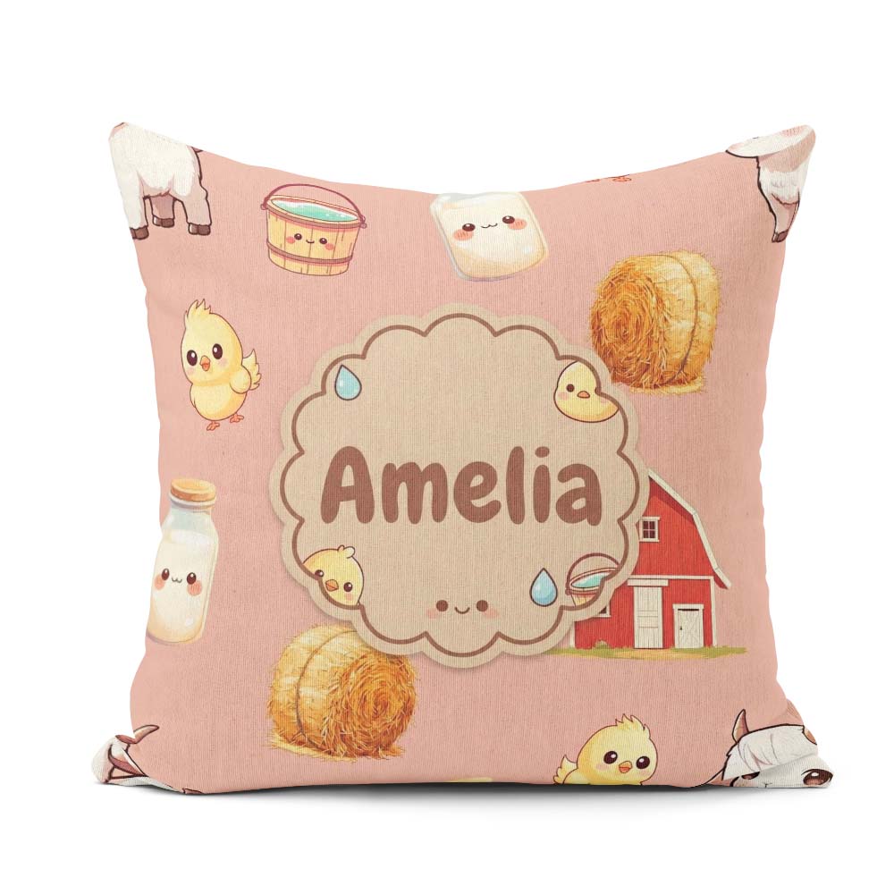 Custom Name Baby Goat Barn Hay Milk Chick Peach Seamless Pattern Square Filled Cushion Throw Pillow Sofa Bed Home Decor Zip Washable UK Made