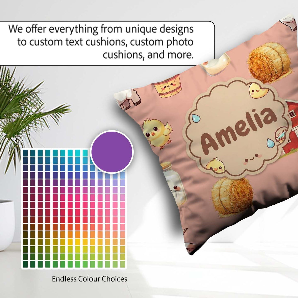Custom Name Baby Goat Barn Hay Milk Chick Peach Seamless Pattern Square Filled Cushion Throw Pillow Sofa Bed Home Decor Zip Washable UK Made
