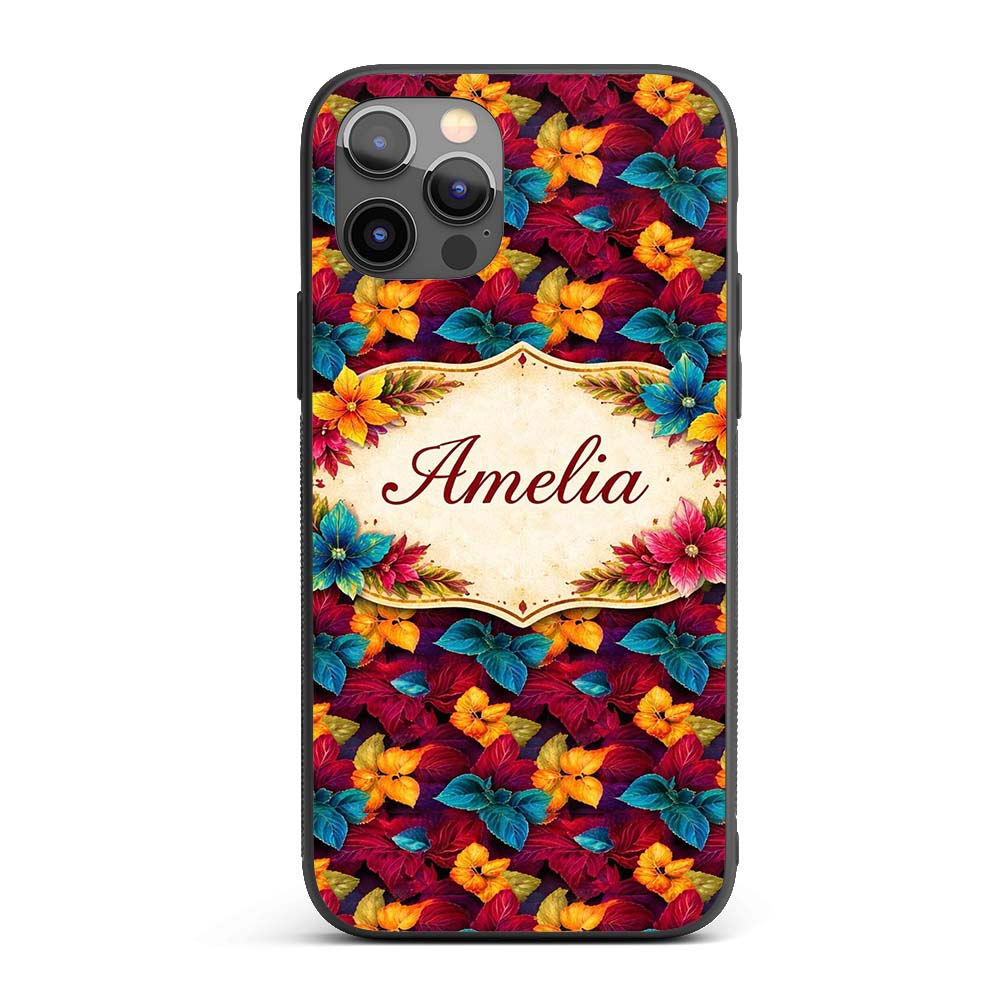 Cross Stitch Style Leaf Motif Seamless Pattern Custom Name Protective Phone Case Mobile Cover Durable Everyday Smartphone Shock Resistant