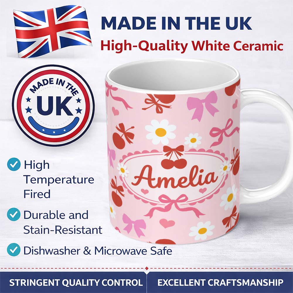 Personalized Custom Name Cute Cherry Bow Daisy Heart Seamless Pattern on Bright Pink Lovely 11oz Ceramic Coffee Tea Mug White Large Handle