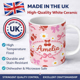 Personalized Custom Name Cute Cherry Bow Daisy Heart Seamless Pattern on Bright Pink Lovely 11oz Ceramic Coffee Tea Mug White Large Handle