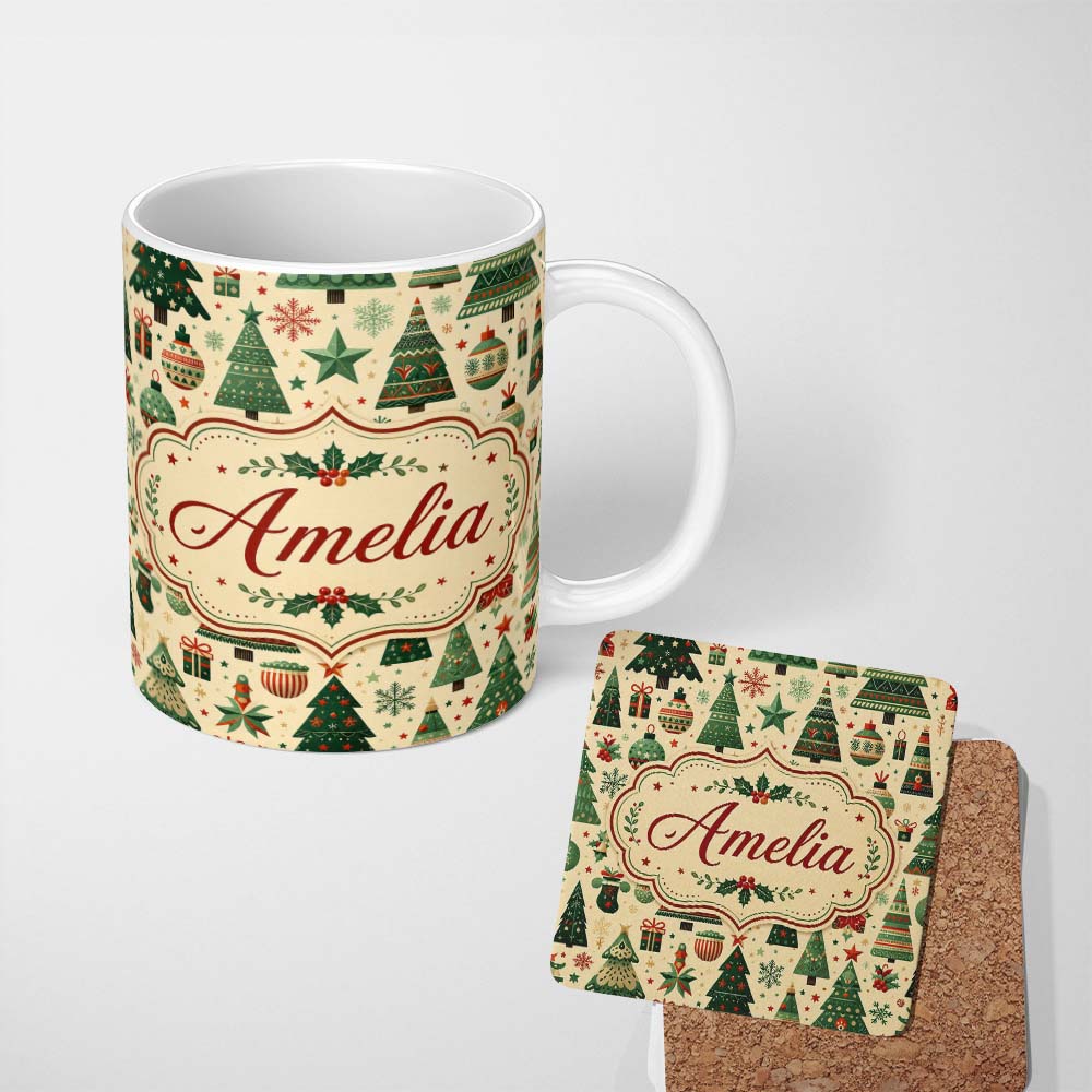 Personalized Custom Name Scandinavian Christmas Trees Ornaments Nordic Style Seamless Pattern 11oz Ceramic Coffee Tea Mug White Large Handle