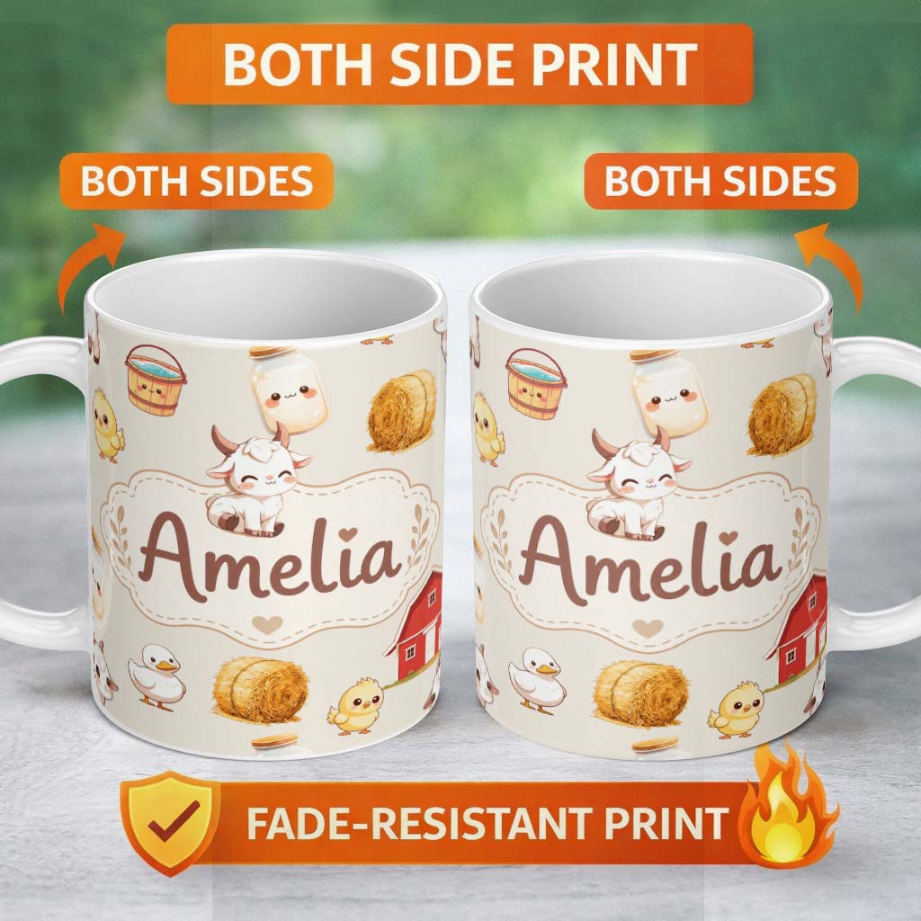 Personalized Custom Name Cute Baby Goat Barn Hay Milk Chick Farm Cream Seamless Pattern 11oz Ceramic Coffee Tea Mug White Large Handle