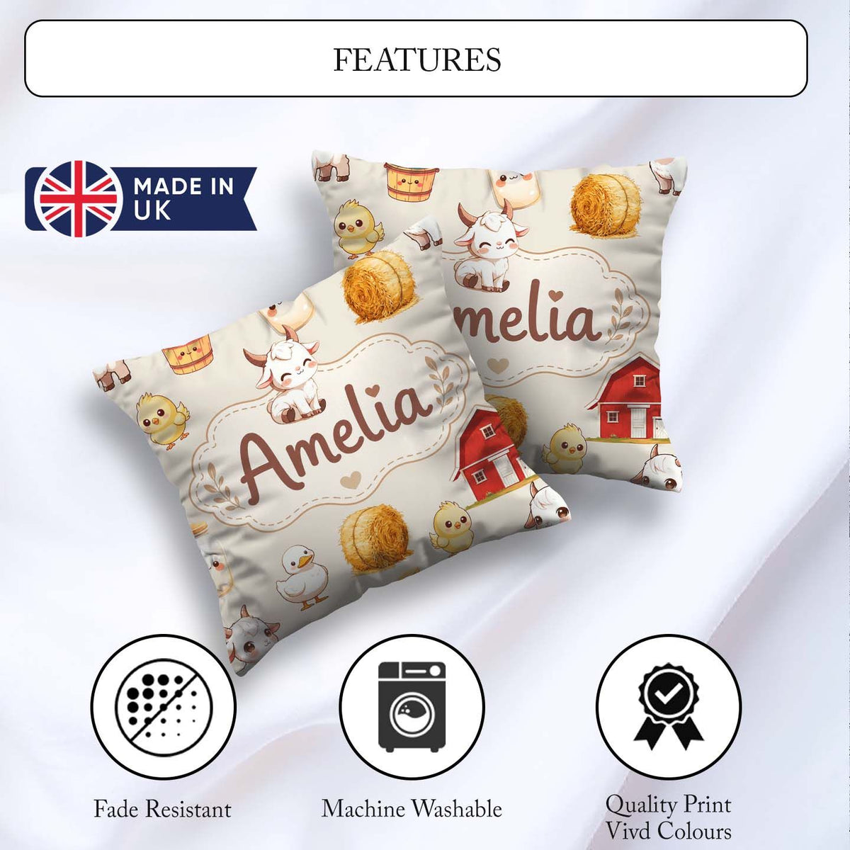 Custom Name Baby Goat Barn Hay Milk Chick Cream Seamless Pattern Square Filled Cushion Throw Pillow Sofa Bed Home Decor Zip Washable UK Made
