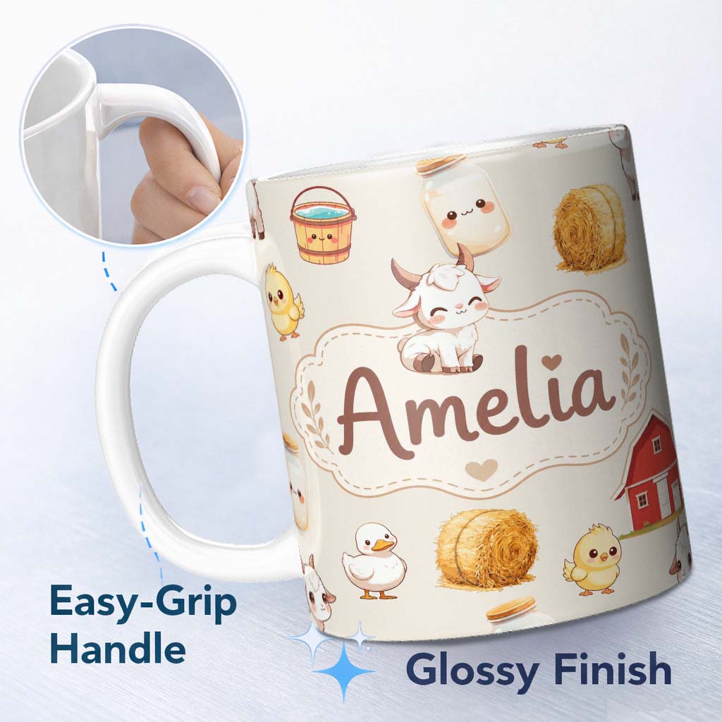 Personalized Custom Name Cute Baby Goat Barn Hay Milk Chick Farm Cream Seamless Pattern 11oz Ceramic Coffee Tea Mug White Large Handle
