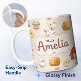 Personalized Custom Name Cute Baby Goat Barn Hay Milk Chick Farm Cream Seamless Pattern 11oz Ceramic Coffee Tea Mug White Large Handle