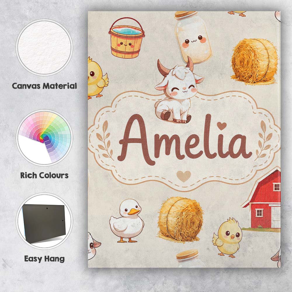 Personalised Name Cute Baby Goat Barn Hay Custom  Unique Gift Idea Elegant Feature Canvas Wall Art Print Decor Picture Ready to Hang
