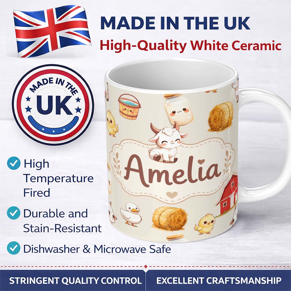 Personalized Custom Name Cute Baby Goat Barn Hay Milk Chick Farm Cream Seamless Pattern 11oz Ceramic Coffee Tea Mug White Large Handle