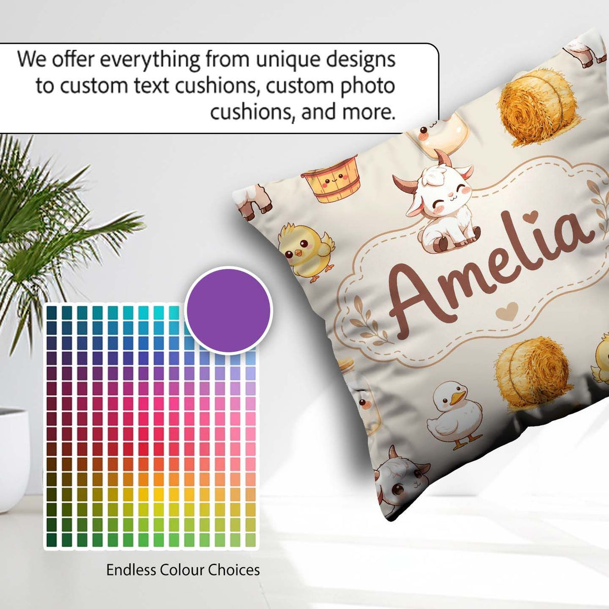 Custom Name Baby Goat Barn Hay Milk Chick Cream Seamless Pattern Square Filled Cushion Throw Pillow Sofa Bed Home Decor Zip Washable UK Made
