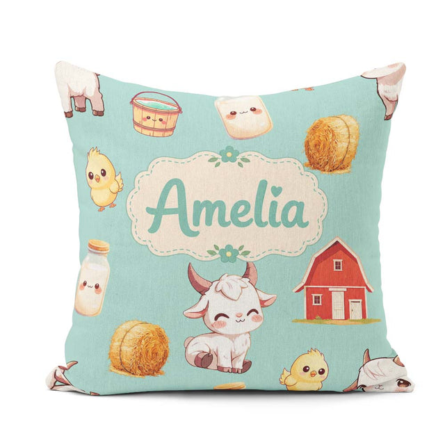Custom Name Baby Goat Barn Hay Milk Chick Farm Mint Pattern Name Square Filled Cushion Throw Pillow Sofa Bed Home Decor Zip Washable UK Made