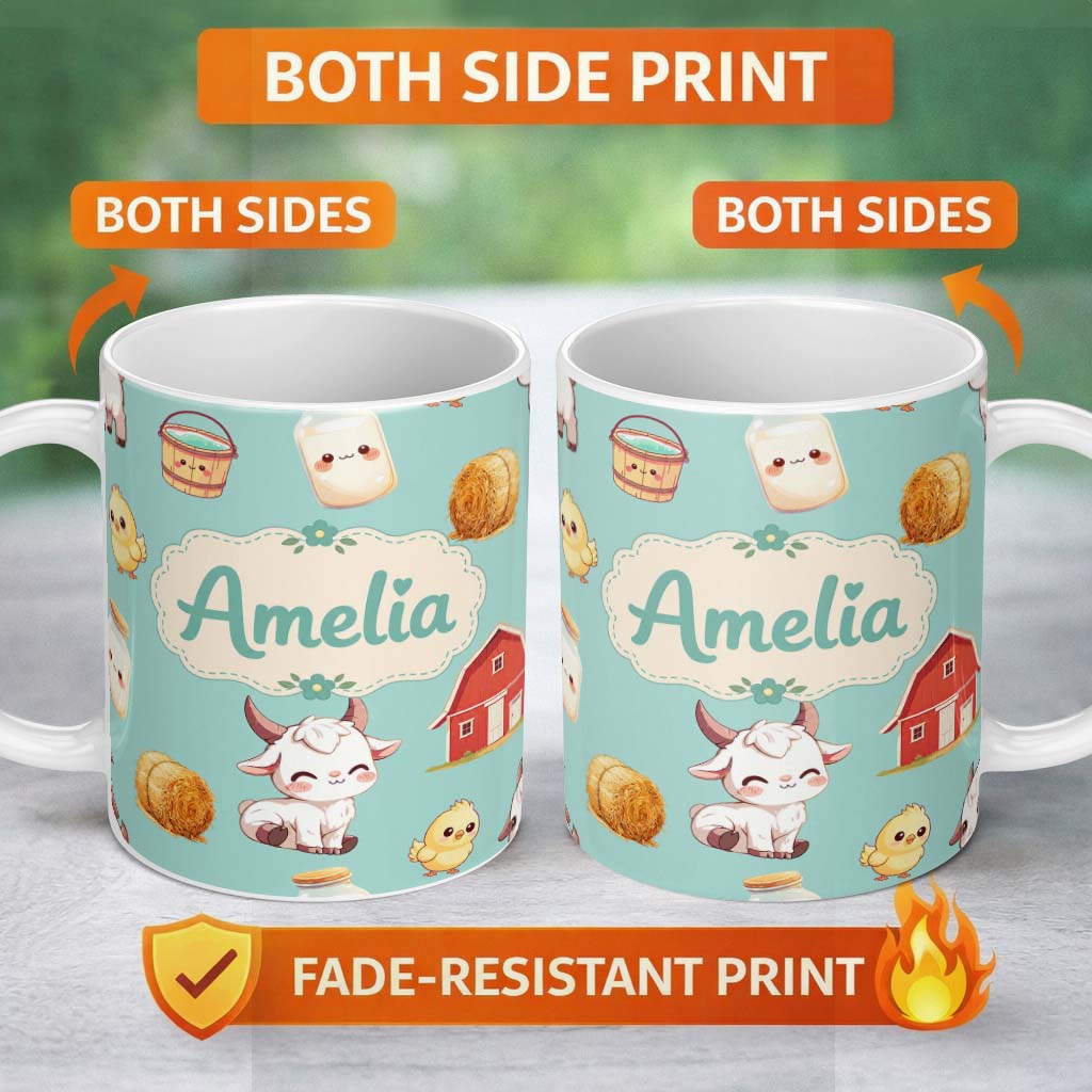 Personalized Custom Name Cute Baby Goat Barn Hay Milk Chick Farm Mint Seamless Pattern Name 11oz Ceramic Coffee Tea Mug White Large Handle