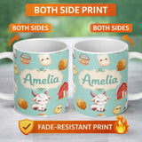Personalized Custom Name Cute Baby Goat Barn Hay Milk Chick Farm Mint Seamless Pattern Name 11oz Ceramic Coffee Tea Mug White Large Handle