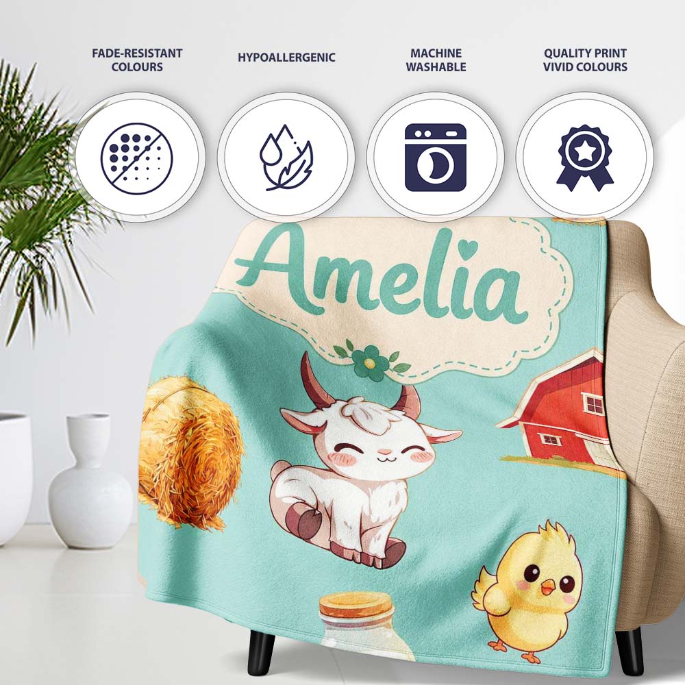Cute Baby Goat Barn Hay Milk Chick Farm Mint Seamless Pattern Name  Personalised Custom Name Super Soft Fleece Blanket Bed Sofa Throw