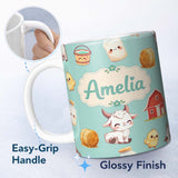 Personalized Custom Name Cute Baby Goat Barn Hay Milk Chick Farm Mint Seamless Pattern Name 11oz Ceramic Coffee Tea Mug White Large Handle