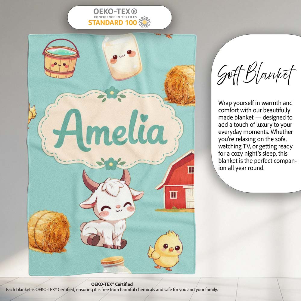 Cute Baby Goat Barn Hay Milk Chick Farm Mint Seamless Pattern Name  Personalised Custom Name Super Soft Fleece Blanket Bed Sofa Throw