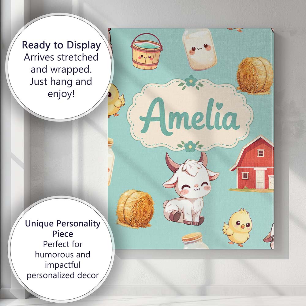 Personalised Name Cute Baby Goat Barn Hay Custom  Unique Gift Idea Elegant Feature Canvas Wall Art Print Decor Picture Ready to Hang