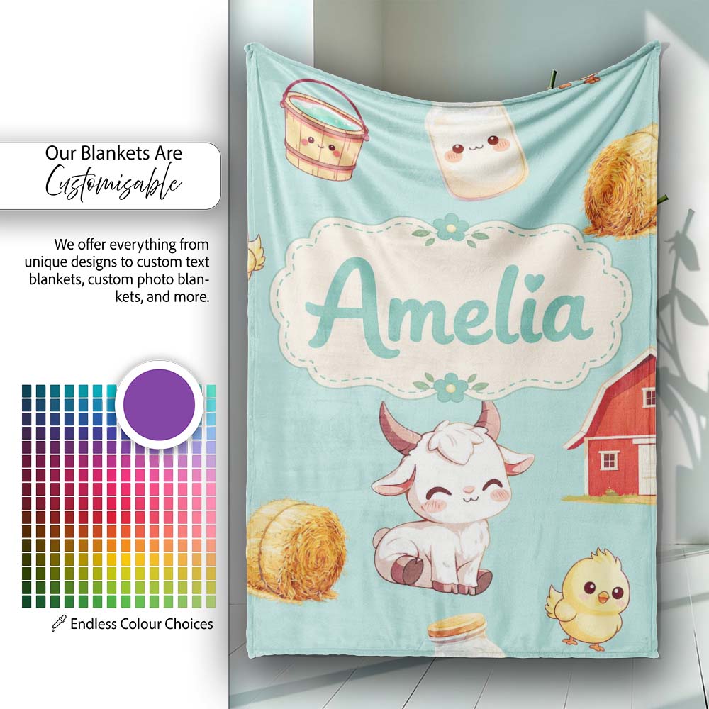 Cute Baby Goat Barn Hay Milk Chick Farm Mint Seamless Pattern Name  Personalised Custom Name Super Soft Fleece Blanket Bed Sofa Throw