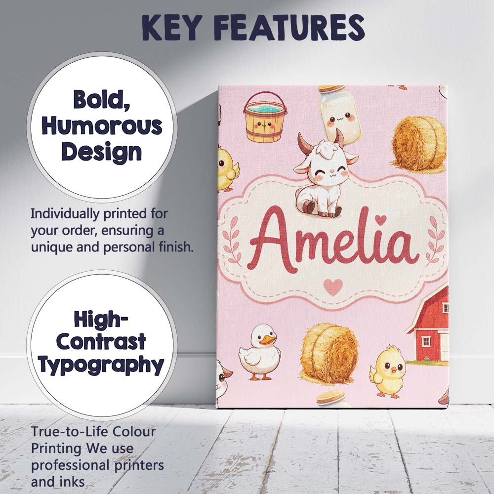 Personalised Name Cute Baby Goat Barn Hay Custom  Unique Gift Idea Elegant Feature Canvas Wall Art Print Decor Picture Ready to Hang