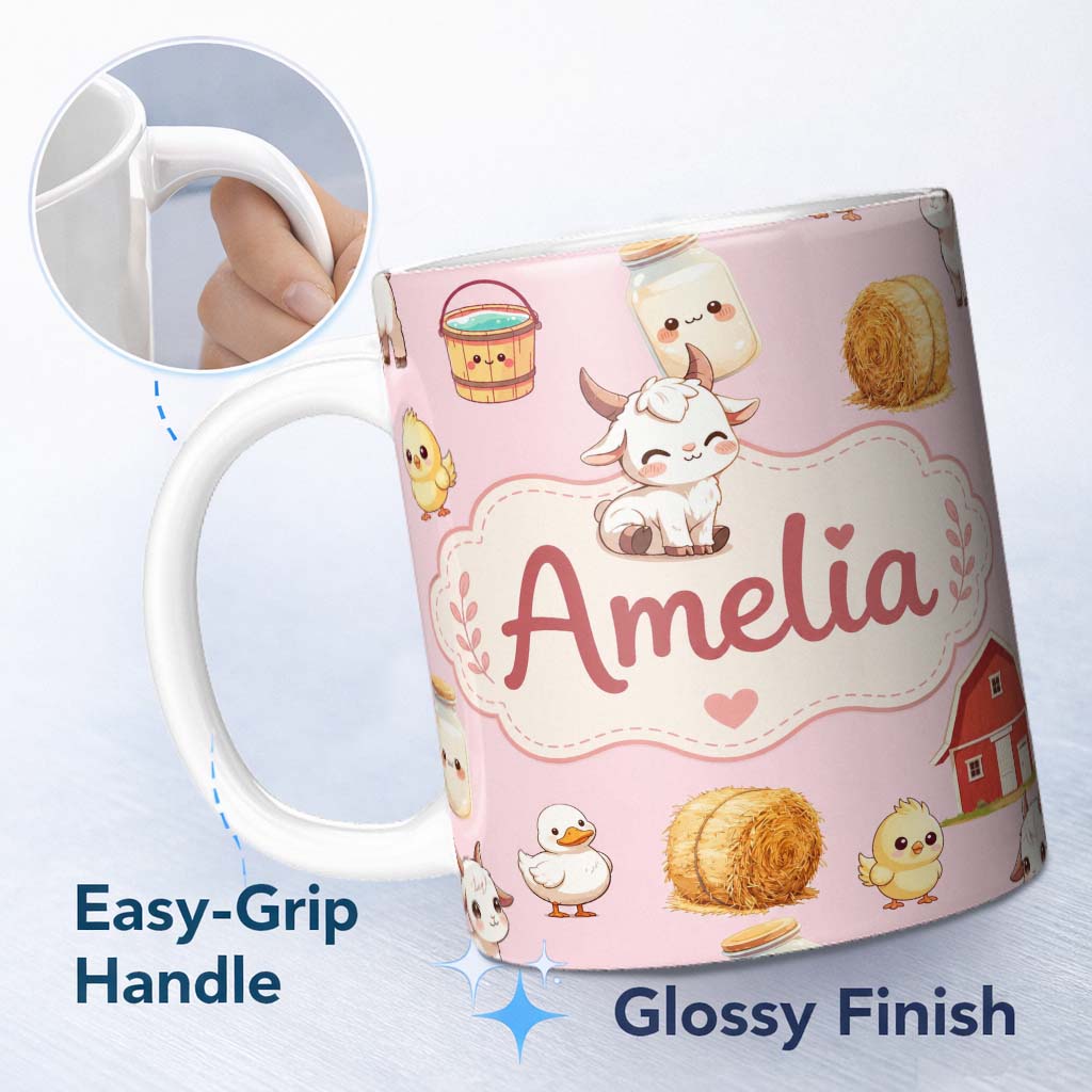 Personalized Custom Name Cute Baby Goat Barn Hay Milk Chick Farm Pink Seamless Pattern Name 11oz Ceramic Coffee Tea Mug White Large Handle