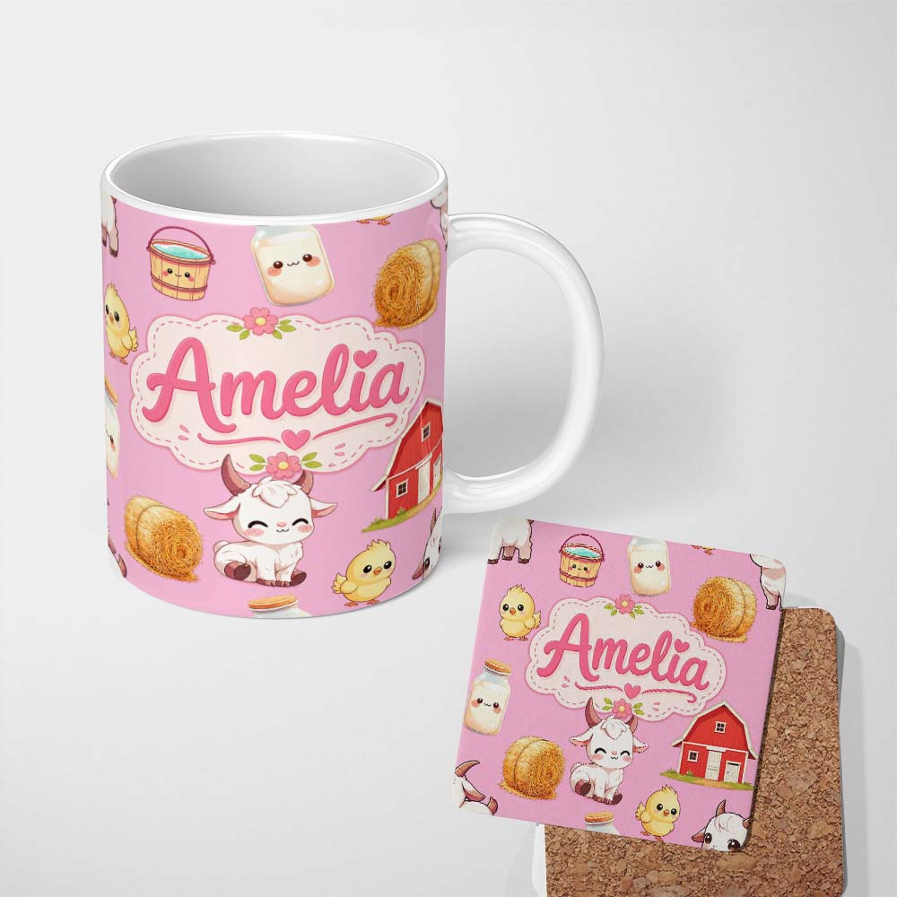 Personalized Custom Name Cute Baby Goat Barn Hay Milk Chick Farm Rose Seamless Pattern Name 11oz Ceramic Coffee Tea Mug White Large Handle