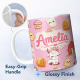 Personalized Custom Name Cute Baby Goat Barn Hay Milk Chick Farm Rose Seamless Pattern Name 11oz Ceramic Coffee Tea Mug White Large Handle