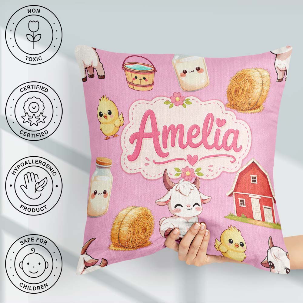 Custom Name Baby Goat Barn Hay Milk Chick Farm Rose Pattern Name Square Filled Cushion Throw Pillow Sofa Bed Home Decor Zip Washable UK Made