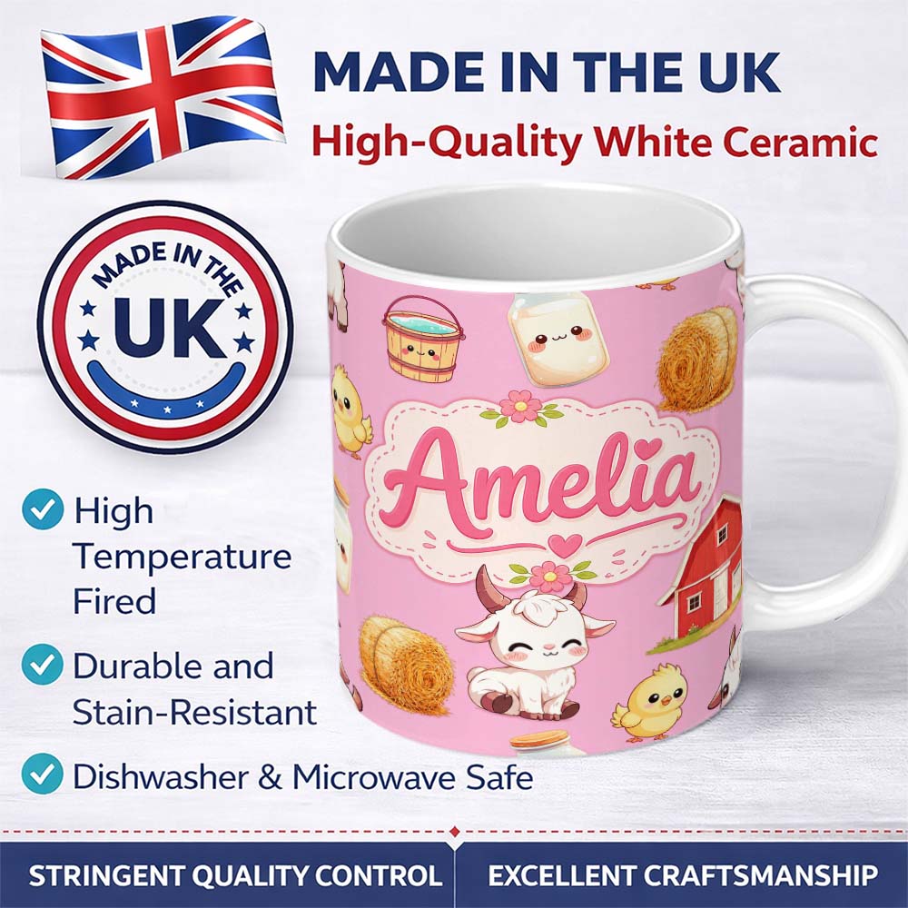 Personalized Custom Name Cute Baby Goat Barn Hay Milk Chick Farm Rose Seamless Pattern Name 11oz Ceramic Coffee Tea Mug White Large Handle