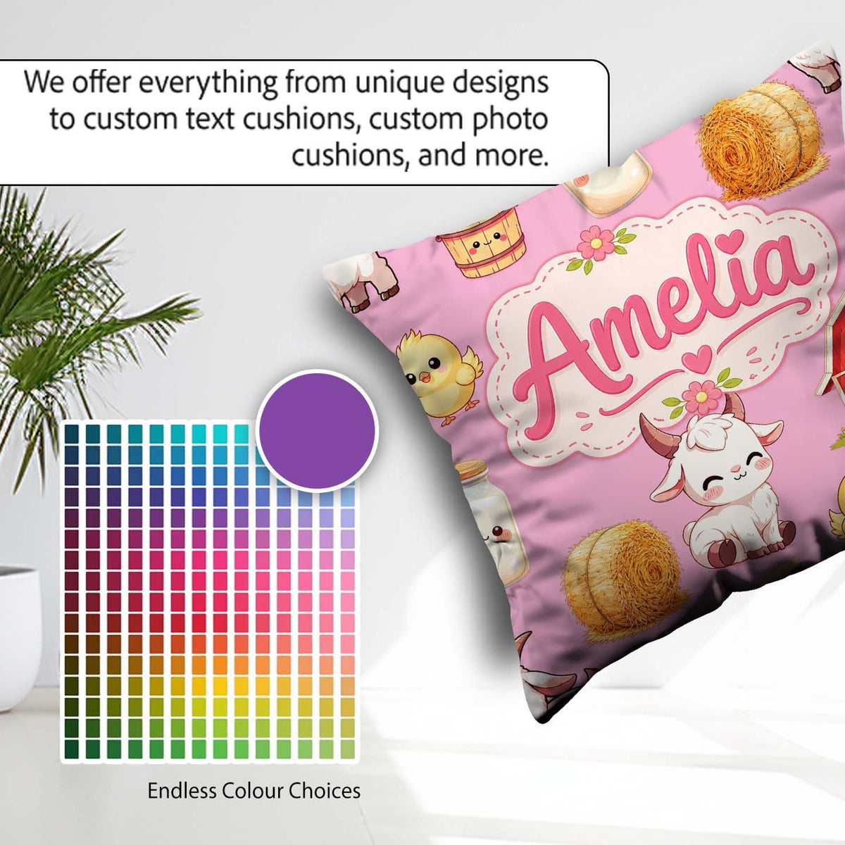 Custom Name Baby Goat Barn Hay Milk Chick Farm Rose Pattern Name Square Filled Cushion Throw Pillow Sofa Bed Home Decor Zip Washable UK Made
