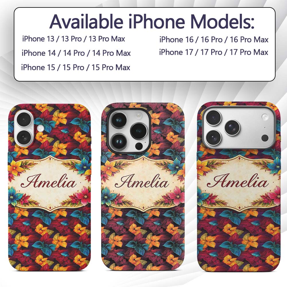 Cross Stitch Style Leaf Motif Seamless Pattern Custom Name Protective Phone Case Mobile Cover Durable Everyday Smartphone Shock Resistant