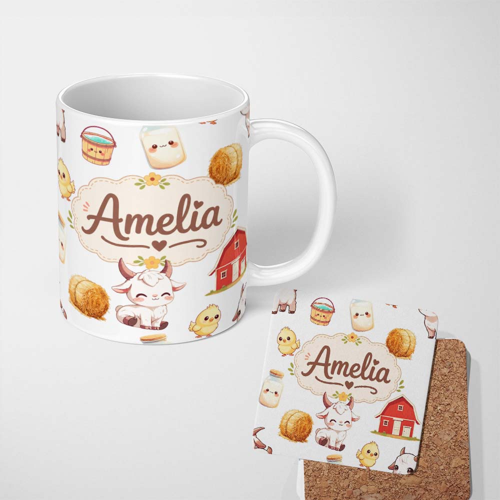 Personalized Custom Name Cute Baby Goat Barn Hay Milk Chick Farm Grey Seamless Pattern Name 11oz Ceramic Coffee Tea Mug White Large Handle