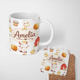Personalized Custom Name Cute Baby Goat Barn Hay Milk Chick Farm Grey Seamless Pattern Name 11oz Ceramic Coffee Tea Mug White Large Handle