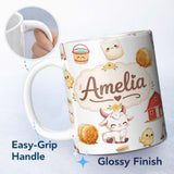 Personalized Custom Name Cute Baby Goat Barn Hay Milk Chick Farm Grey Seamless Pattern Name 11oz Ceramic Coffee Tea Mug White Large Handle
