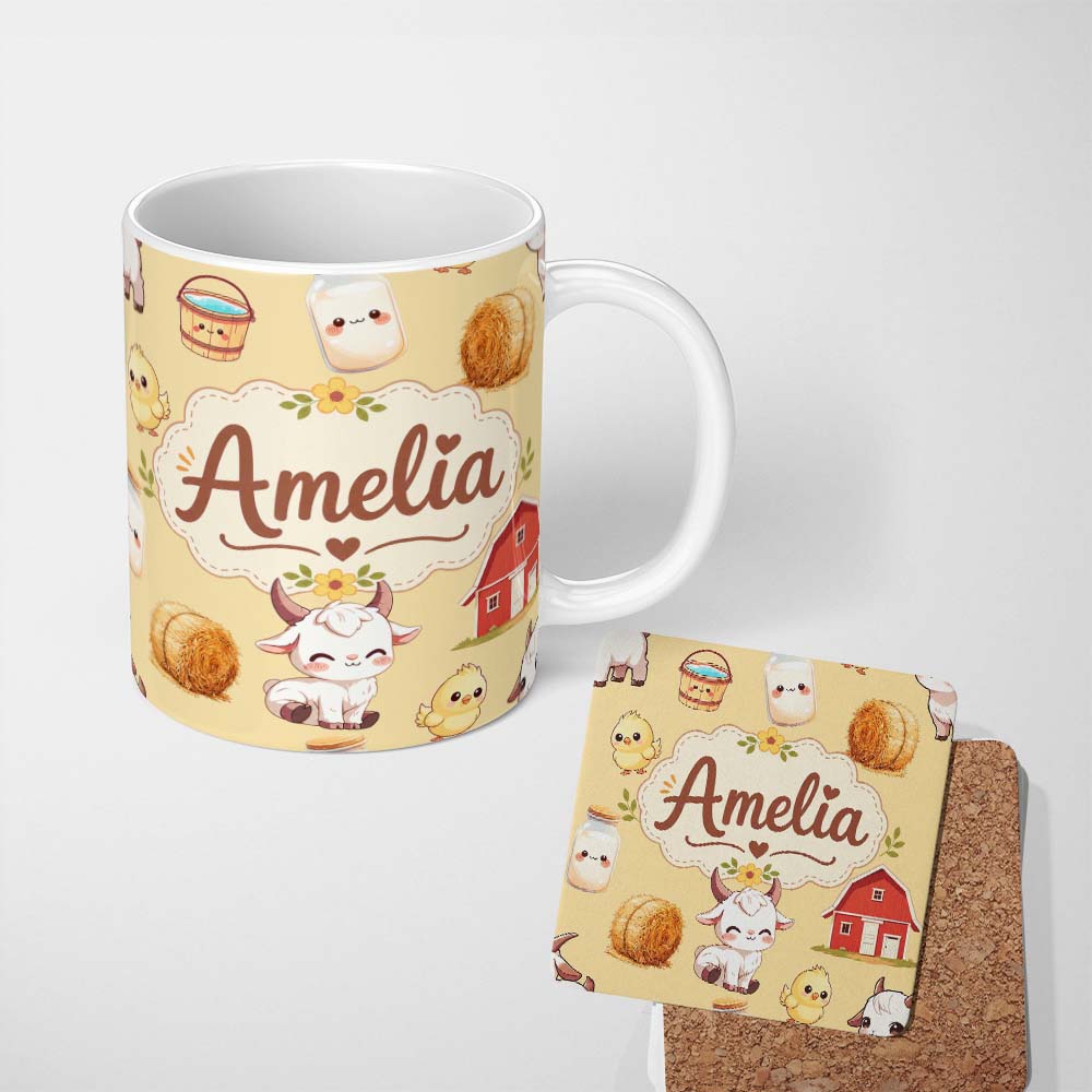 Personalized Custom Name Cute Baby Goat Barn Hay Milk Chick Farm Yellow Seamless Pattern Name 11oz Ceramic Coffee Tea Mug White Large Handle
