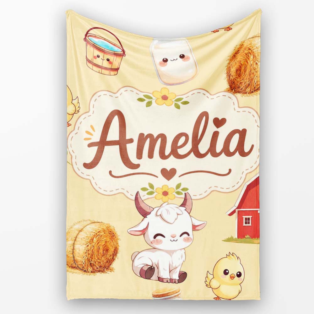 Cute Baby Goat Barn Hay Milk Chick Farm Yellow Seamless Pattern Name  Personalised Custom Name Super Soft Fleece Blanket Bed Sofa Throw