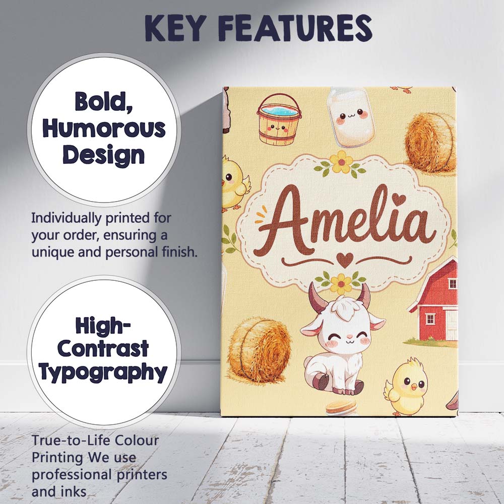 Personalised Name Cute Baby Goat Barn Hay Custom  Unique Gift Idea Elegant Feature Canvas Wall Art Print Decor Picture Ready to Hang