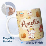 Personalized Custom Name Cute Baby Goat Barn Hay Milk Chick Farm Yellow Seamless Pattern Name 11oz Ceramic Coffee Tea Mug White Large Handle